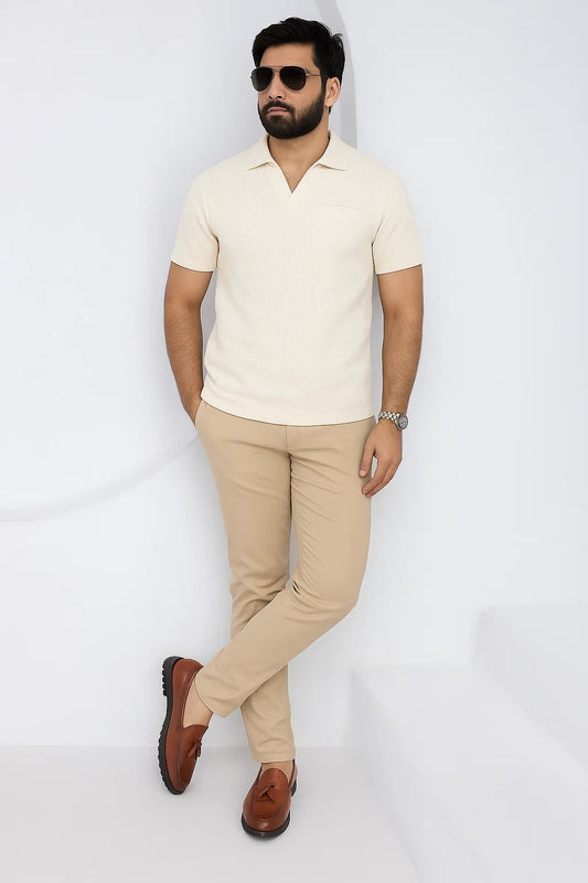 Cream Textured Polo Collar Shirt – Minimalist Elegance for Everyday Style