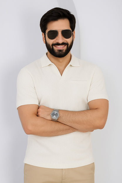 Cream Textured Polo Collar Shirt – Minimalist Elegance for Everyday Style