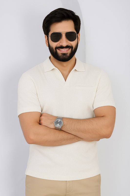 Cream Textured Polo Collar Shirt – Minimalist Elegance for Everyday Style