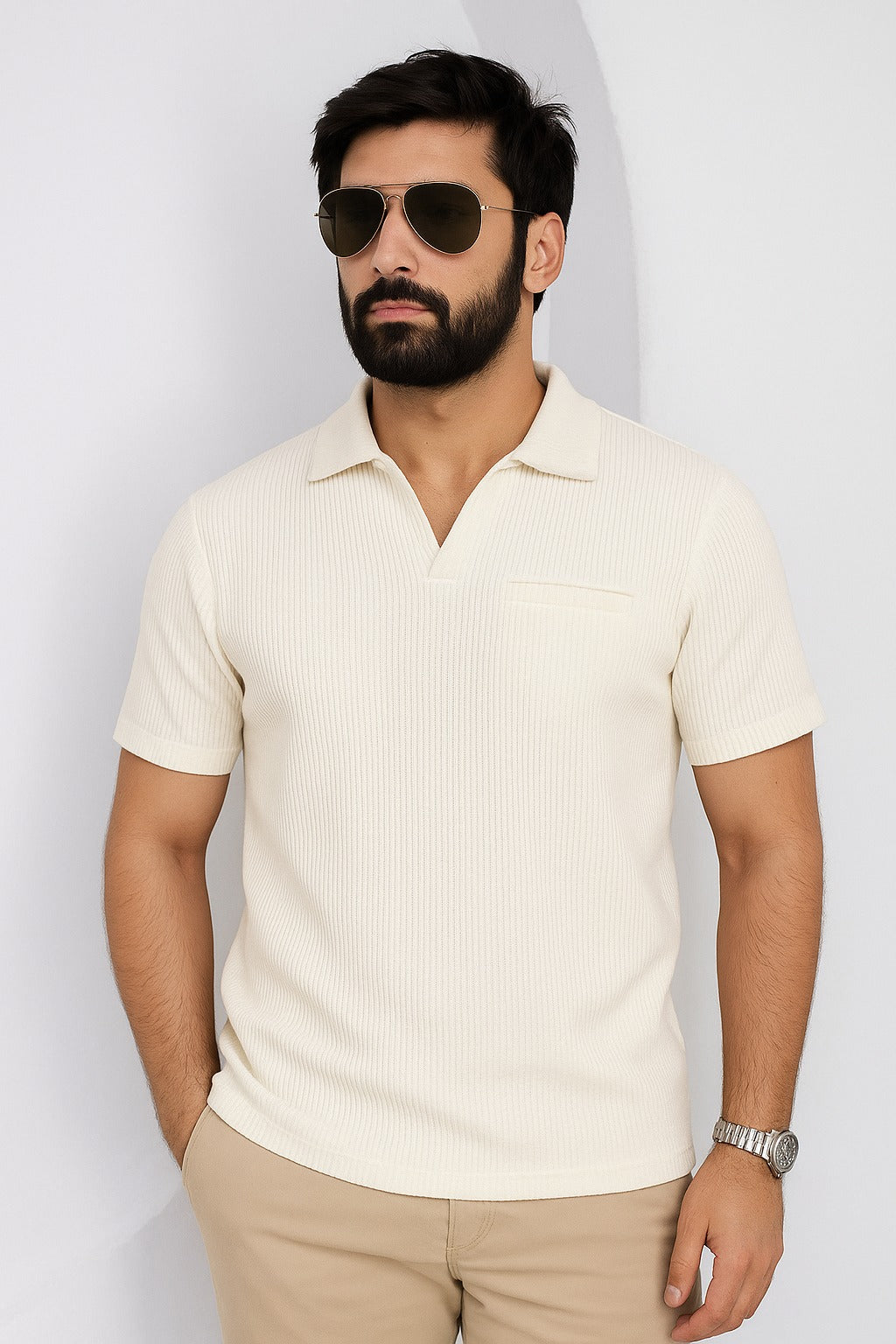 Cream Textured Polo Collar Shirt – Minimalist Elegance for Everyday Style