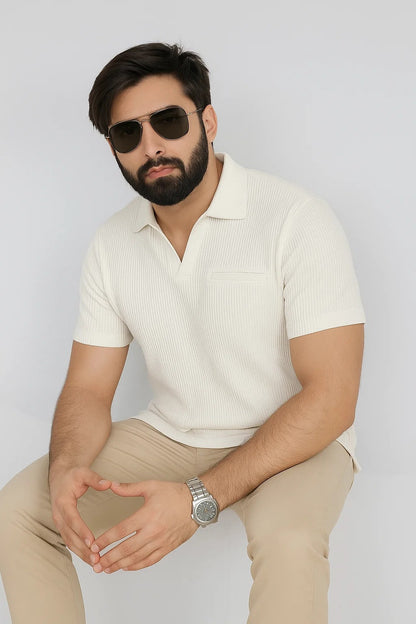 Cream Textured Polo Collar Shirt – Minimalist Elegance for Everyday Style